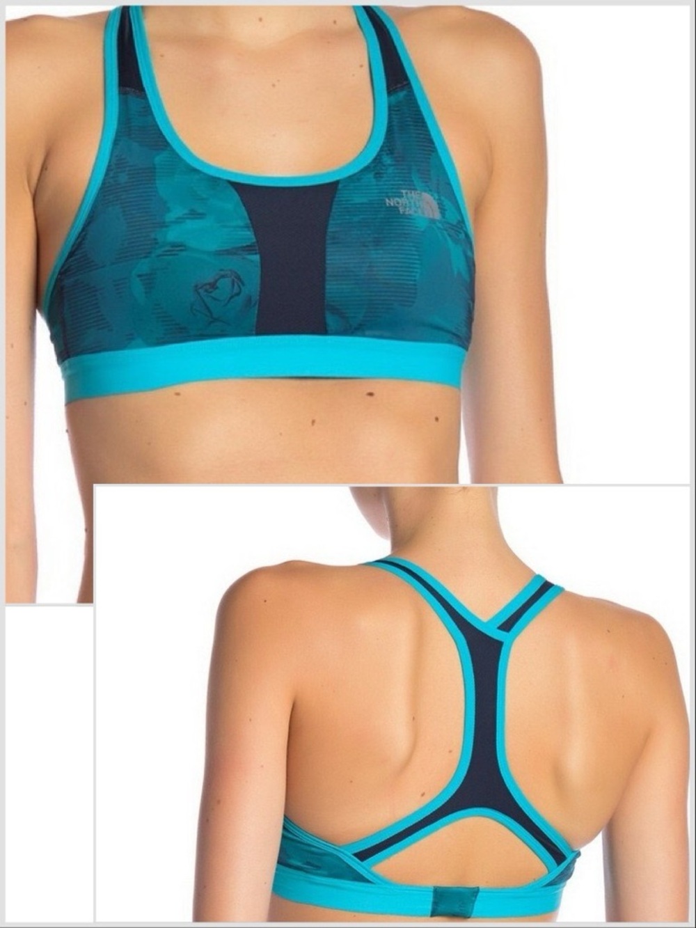 NEW North Face Stow-n-Go Phone Pocket Botanical Tropical Teal Blue Sports Bra XS - Picture 15 of 15